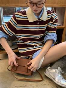 DAZY 女士条纹休闲韩版短袖T恤，适合返校季 - 咖啡棕 - 查看 5