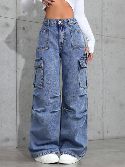 Pantalones vaqueros anchos de pierna ancha con bolsillo con solapa y pliegues, estilo punk callejero casual lavado de cintura baja para adolescentes, ropa de Halloween para niñas, ropa de Navidad, ropa de otoño e invierno para niñas, atuendos de regreso a la escuela y de homecoming, ropa de otoño