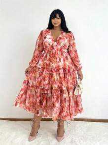 SHEIN CURVE+ 大码V领长袖全印花百褶休闲连衣裙长款女装 - 彩色 - 查看 6