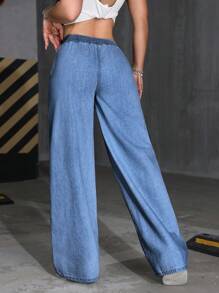 SHEIN PETITE 女士松紧腰直筒宽松休闲牛仔裤 - 淺色水洗藍 - 查看 2