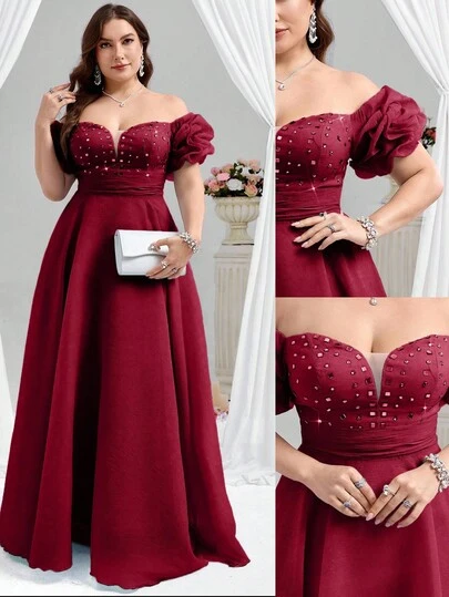 Coutiva 优雅落肩热格纹水钻深 V 领泡泡褶短袖摇摆舞会礼服，适合生日派对、毕业典礼、晚宴