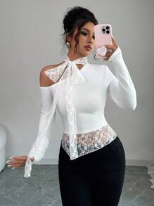 INAWLY Blusa asimétrica de manga larga con escote halter, parches de encaje francés sexy y cordones, para otoño/invierno - Blanco - Ver 6