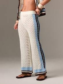 AiiRZ Crochet Wide Leg Pants Resort Beach Vacation Boho Summer Pool Cover Up Lounge Pants Crochet Palazzo Swimwear Cover Up Bottoms - Multicolor - View 1