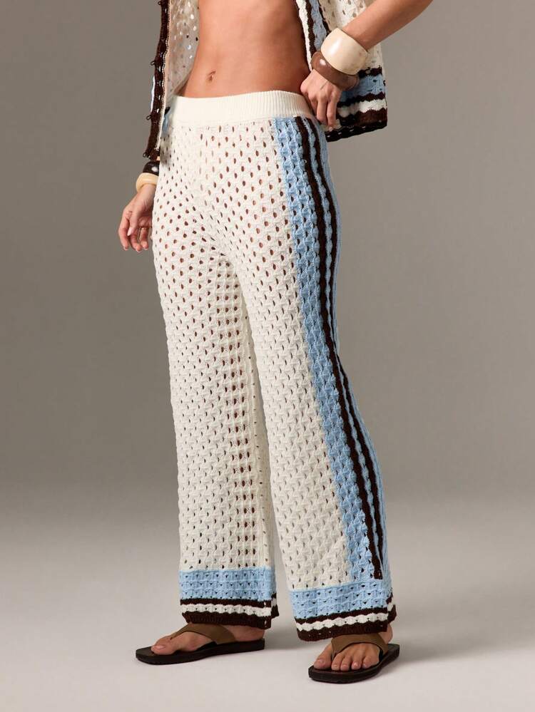 Crochet Knit Wide Leg Pants With Striped Border