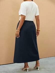 Elaquor Plus Size Women's Solid Color Side Knot Wrap Casual Skirt - Navy Blue - View 4