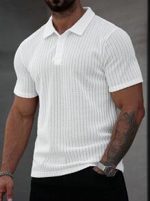 Manfinity Homme 男士休闲纯色纹理面料短袖 Polo 衫，夏季男士针织 Polo 衫，男士纽扣 Polo 衫，男士纹理 Polo 衫，适合日常通勤、旅行、度假和外出的多功能单品，送给丈夫和男朋友的礼物，休闲简约风格，都市成熟风格，英伦绅士风格 - 白色 - 查看 1