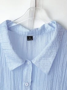 SHEIN Clasi Áo sơ mi nữ tay dài màu trơn, đơn hàng thường ngày, cỡ lớn, mùa xuân/thu - Màu xanh lam - Xem 5