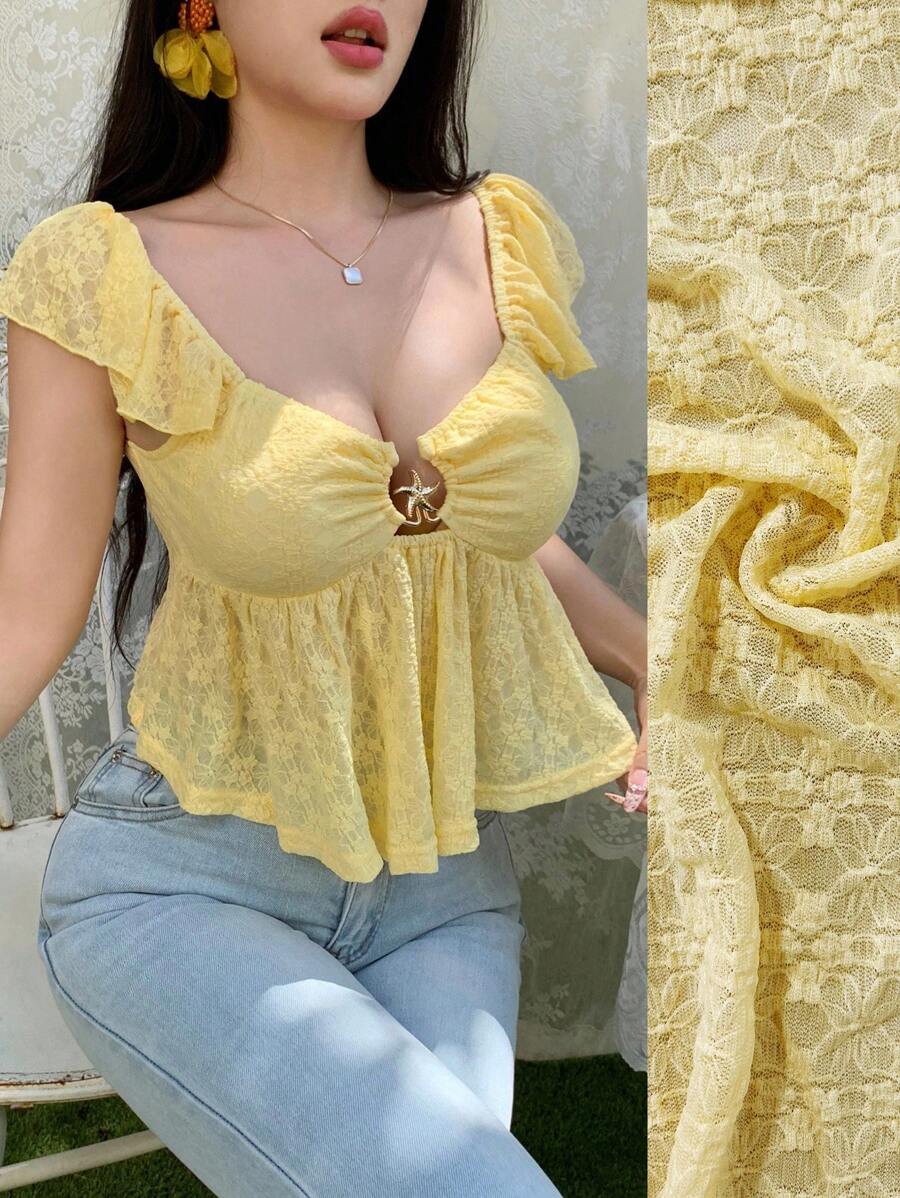 Modelyn Yellow Hollow-Out Metal Buckle Short Sleeve Cropped Blouse Top For Women