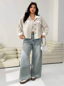 SHEIN EZwear 大码女式休闲拼色拼接夹克秋冬女装 - 杏色 - 查看 3