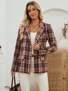 EMERY ROSE Women's Shoulder Padded Long Sleeve Brown Plaid Lapel Single-Breasted Blazer,Summer Business Casual Office Jacket,Back-To-School Fashion Suit Jacket - Brown - View 5