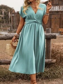 EMERY ROSE Plus Size Women French Style Casual/Vacation Solid Color Cross Shirred With Waist Tie, Gathered Back Drop Shoulder Mid-Length Dress For Spring/Summer - Mint Green - View 1
