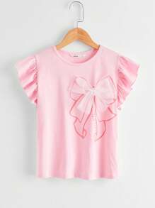 SHEIN Tween Girl Printed Mesh Patchwork Bow Graphic T-Shirt, Suitable For Summer - Baby Pink - View 5
