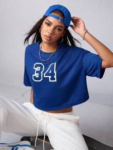 Streetz SHEIN Sport 印花宽松运动T恤和背心健身女式衬衫 - 藍色 - 查看 7