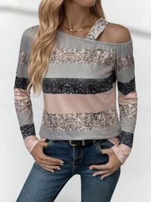 SHEIN LUNE Elegant Casual Faux Foil Graphic Print Oblique Shoulder Long Sleeve Loose Crew Neck Women Top T-Shirt Fall Cloth For Women - Multicolor - View 5