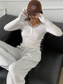 DAZY Women's V-Neck Lace Patchwork 2 In 1 Long Sleeve Sweater Fall - White - View 7