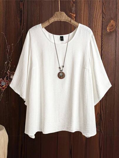 SHEIN CURVE+ 优雅通勤和度假风格休闲女士时尚百搭舒适面料圆领 3/4 袖常规设计白色加大码衬衫，春夏秋