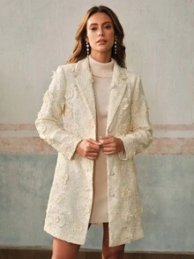 Anewsta Áo khoác dài vừa phải đính cườm ren hoa 3D thanh lịch dành cho nữ, Thu/Đông - trắng - Xem 11