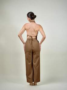 Andrea Bello Deep V Neck Sleeveless Backless Top And Wide Leg Pants 2 Pieces Set, Elegant Lady Style Suit For Office, Commuting, Street Wear, Slimming & Height Enhancing, Spring/Summer - Camel - View 2