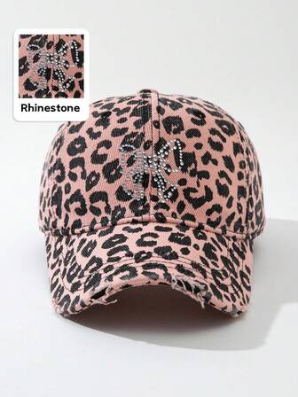 Grunge Punk 1pc Women's Bow Leopard Print Rhinestone Baseball Cap