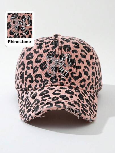 Grunge Punk 1pc Women's Bow Leopard Print Rhinestone Baseball Cap