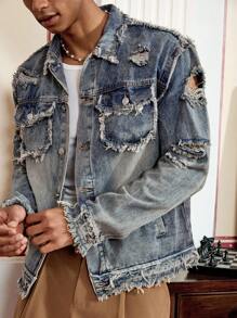 SWAVVY Men's Fashion Washed Distressed Frayed Denim Jacket, Emo Style - Blue - View 3