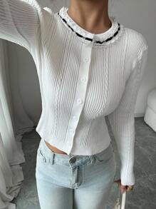 Elenzga 秋冬新款复古圆领蕾丝边青春修身休闲女开衫 - 彩色 - 查看 4