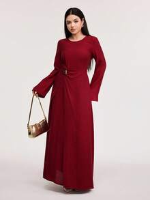 Veilorie Elegant Red High Slit Waist Cinched Dress