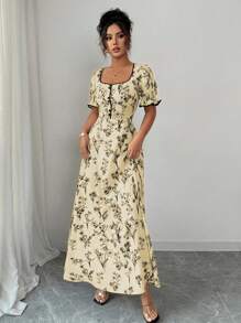 Elenzga Women's Vintage Elegant Floral Print Square Neck A-Line Maxi Dress, Suitable For Casual, Vacation, Daily Gathering, Spring/Summer