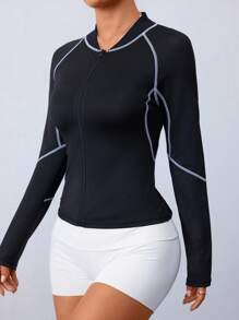 Gameset SHEIN Sport Summer Outdoor Running Fitness Training Sweat-Wicking Contrast Color Zipper Raglan Sleeve Sports Sweat Suit - Black - View 4