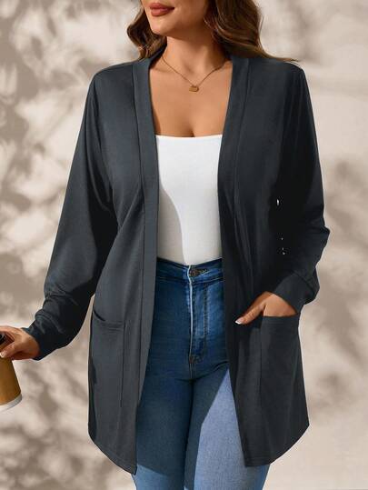 SHEIN Clasi Deep Grey Knit Pocket Long Sleeve Loose Plus Size Jacket,Fall Clothes For Women Winter Autumn
