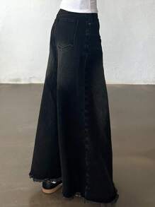 DAZY 女士带口袋毛边直筒宽松休闲牛仔裙 - 深灰色 - 查看 5