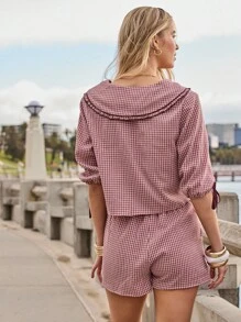 Aralina Conjunto bohemio casual de otoño e invierno para mujer con estampado de cuadros, lazos delanteros y lindo cuello Peter Pan, perfecto para atuendos de cumpleaños - Rosa - Ver 2