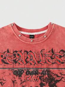 ROMWE MEN Street Life 男士水钻标语和图案印花水洗圆领背心，2000 年代风格 - 粉色 - 查看 2