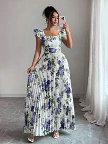 Selianne 女士印花方领荷叶袖褶裥下摆连衣裙，优雅度假之选