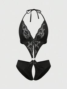 ROMWE Goth Bodysuit Sexy com Recorte na Entreperna e Detalhe em Renda Estilo Gótico - Preto - Visão 1