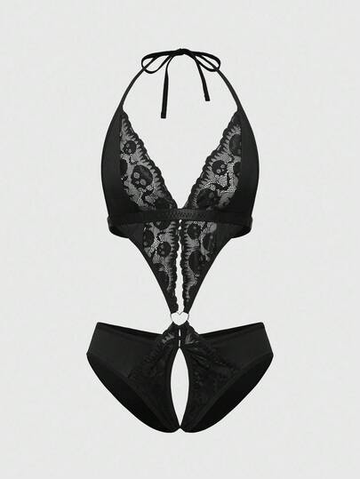 Gothic Lace Trim Open Crotch Sexy Bodysuit