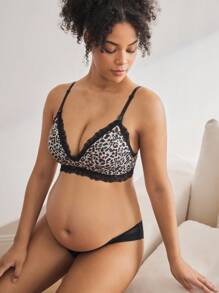 SHEIN BloomMama Leopard Print Lace Trim Nursing Bra For Pregnant Women For Feeding Mothers