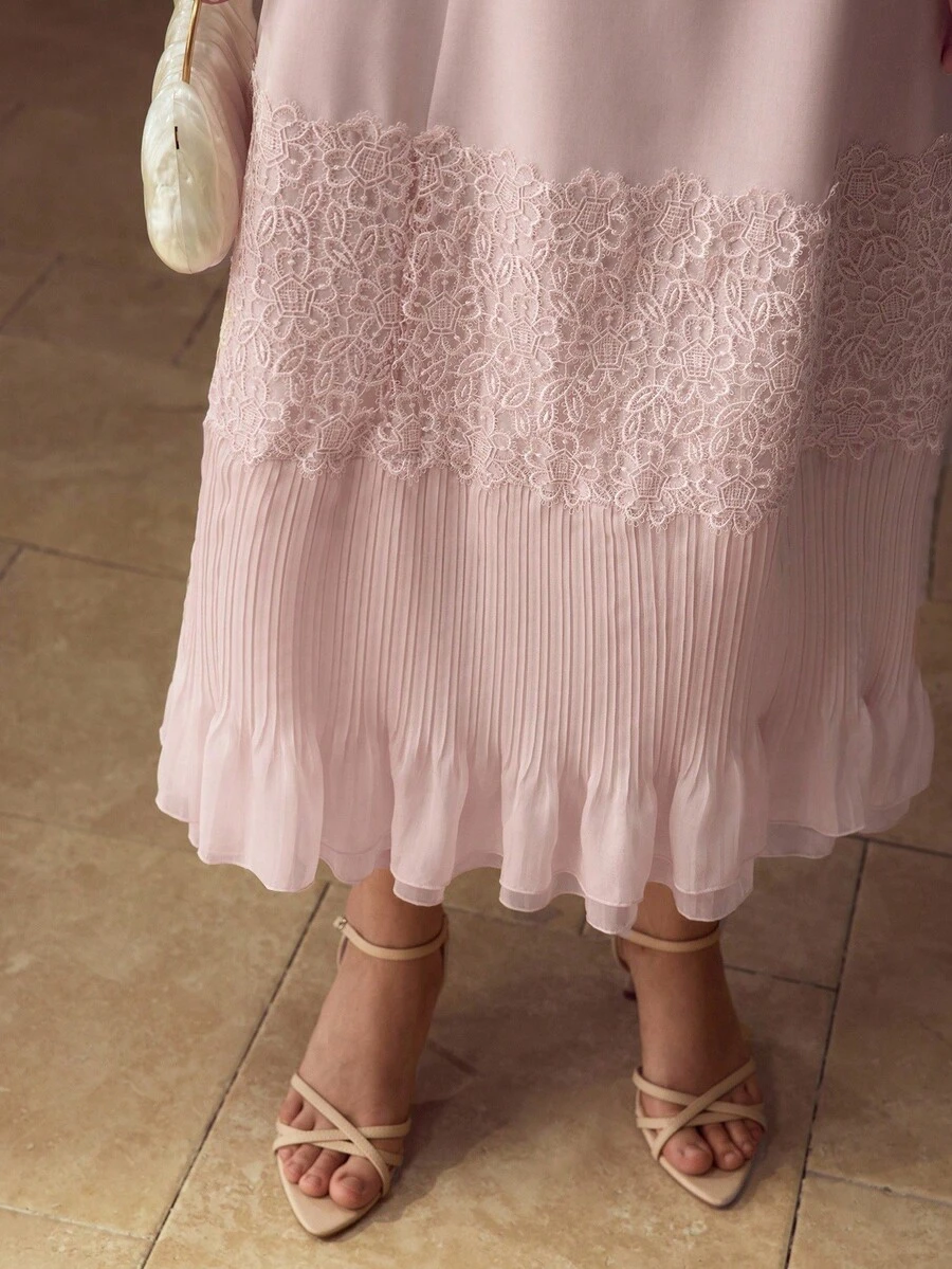 MOTF PREMIUM ĐẦM DÀI KHÔNG TAY, VÁY REN ĐẦM LỚP, CÓ TAY, CÓ VÁY TAY - Hồng - Xem 1