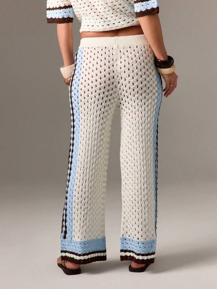 Crochet Knit Wide Leg Pants With Striped Border