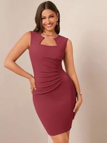 Amorya Women's Elegant Solid Color Ruffle Sleeveless Fitted Dress - Coral Pink - View 5