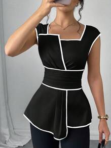 SHEIN Clasi 女士下摆收腰短袖时尚优雅衬衫 - 黑色 - 查看 7