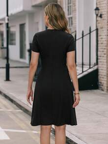 EMERY ROSE Women Contrast Color Round Neck Short Sleeve Casual Commute Dress - Black - View 2