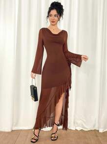 Modelyn Gaun Wanita Elegan Warna Cokelat Kopi Polos dengan Hem Bergelombang dan Belahan Tinggi untuk Musim Gugur, Gaun untuk Acara Pernikahan, Makan Malam, Kencan, dan Acara Lainnya - Coffee Brown - View 1