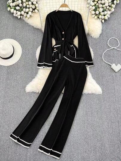 DreamSkyne Plus Size Women Striped Flare Sleeve Single-Breasted Knitted Cardigan And Knitted Pants Casual Suit Fall Winter Cloth For Women Autumn