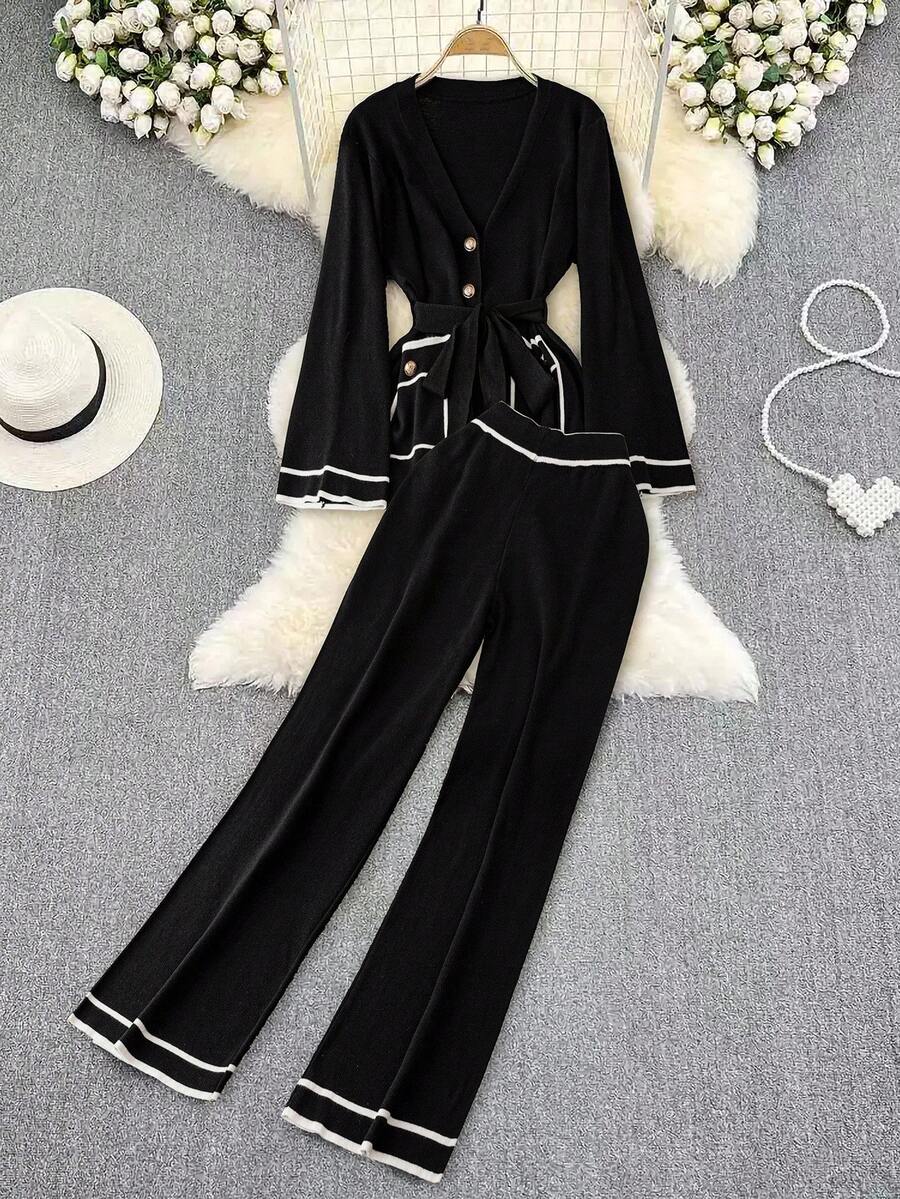DreamSkyne Cardigan de malha listrado com manga flare e calça de malha plus size feminino, terno casual - Preto - Ver 1