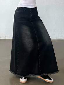 DAZY 女士带口袋毛边直筒宽松休闲牛仔裙 - 深灰色 - 查看 3