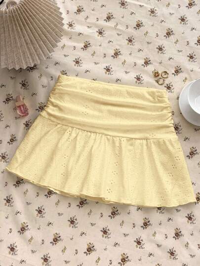 Teen Girls' Yellow Knit Casual Versatile Hollow Textured Ruched A-Line Mini Skirt, Suitable For Summer Kids Yellow Skirt Summer Skirt Kid Kawaii Skirt Girls Yellow Skirt Fall Winter