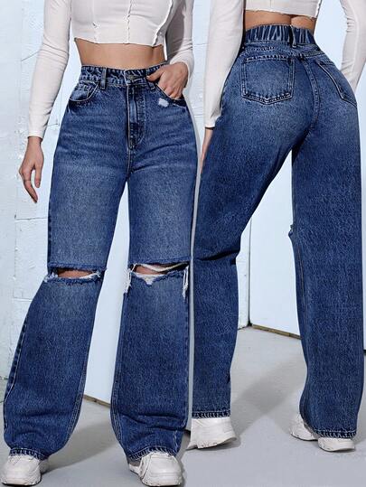 Flexra Jeans de talla grande para mujer de pierna recta y denim desgastado sin estiramiento