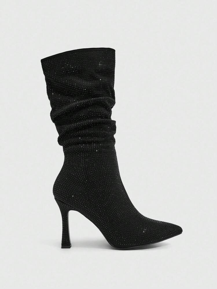 CUCCOO SZL Women's Fashion Pointed Toe Rhinestone Embellished Stiletto Heel Black Mid-Calf Boots, Elegant & Sexy For Party, Wedding, Event For Christmas Spring Shoes