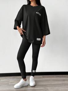 Mulvari 2 件套女士夏季字母印花超大 T 恤和裤子休闲装 2 件套 - 黑色 - 查看 4